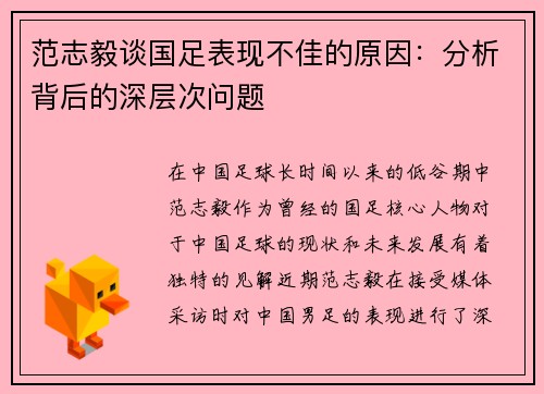 范志毅谈国足表现不佳的原因：分析背后的深层次问题